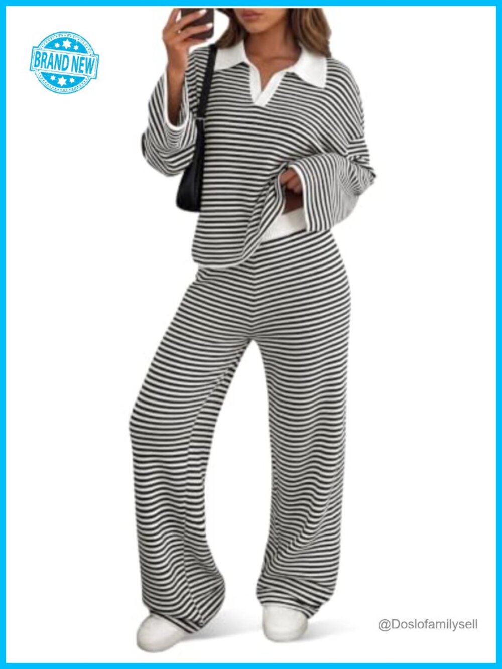 Striped Knit Sweater Set Collared Top & Pants Lounge Outfit